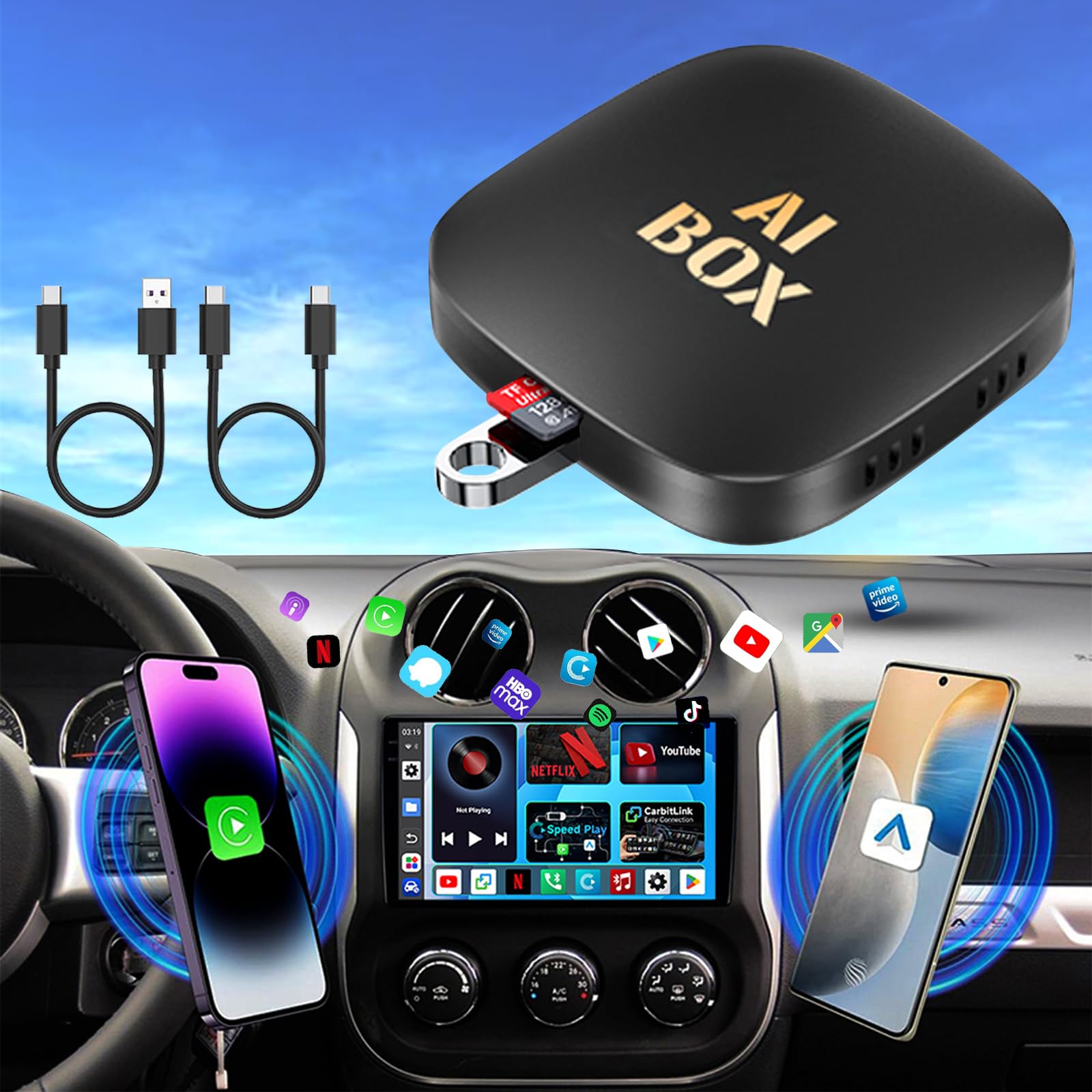 4 in 1 Ai Box Carplay, Wireless CarPlay AI Box Adapter and Android
